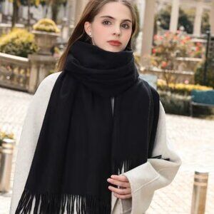 Women's Over-Sized Knit Cashmere-Feel Tasseled Scarf & Wrap in Black